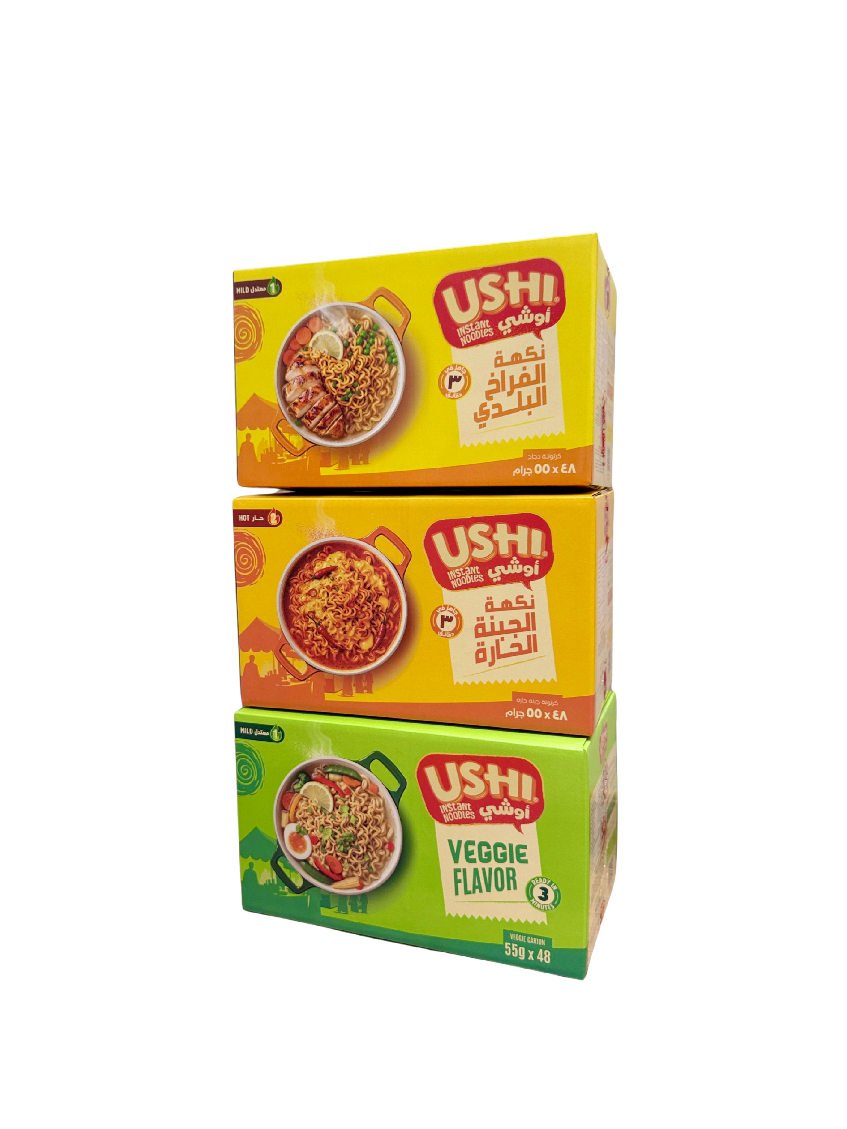 Three USHI instant noodle cartons stacked — chicken, spicy cheese and veggie flavour